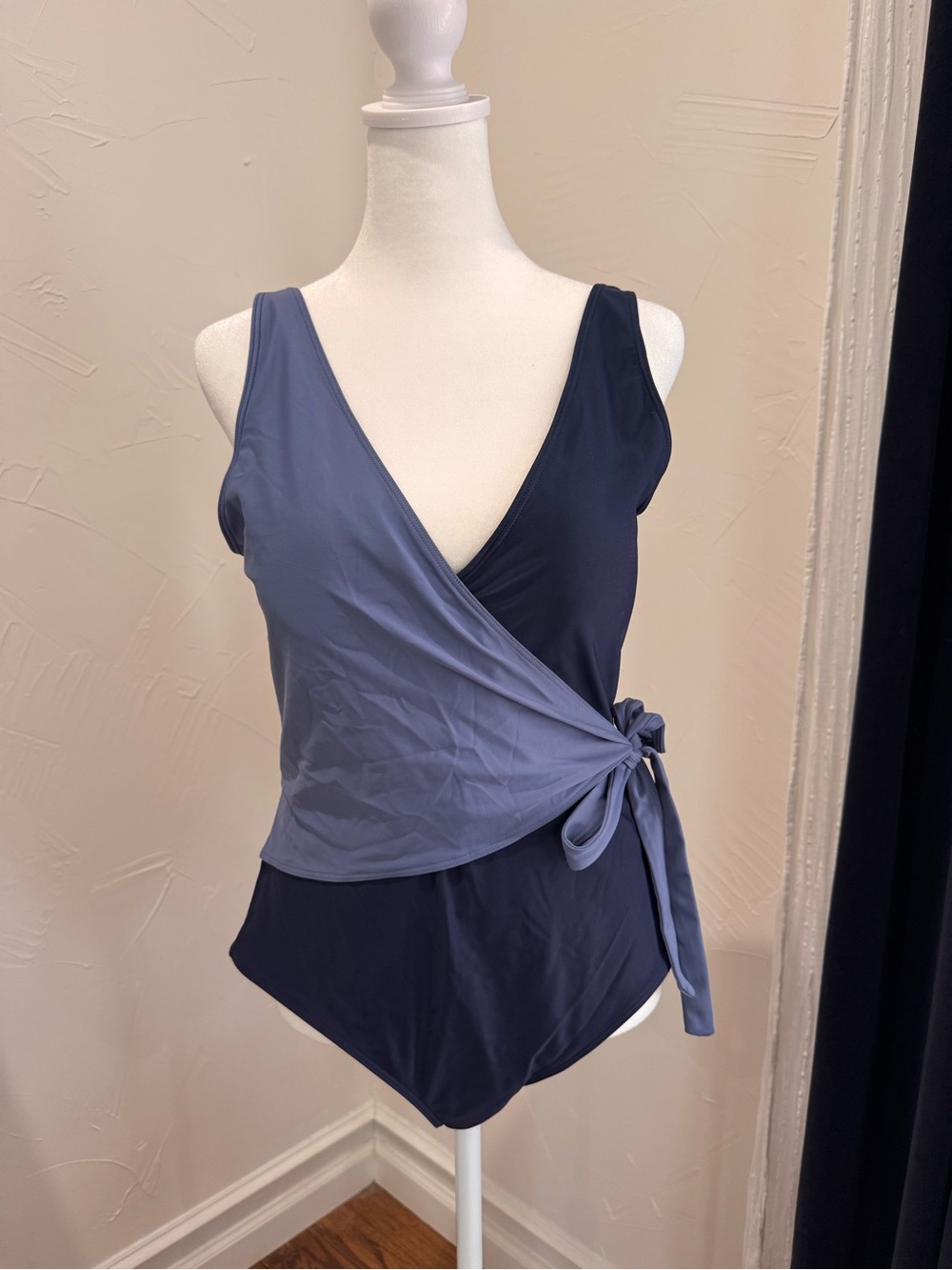 Quince Two-Tone Blue Wrap One-Piece Swimsuit